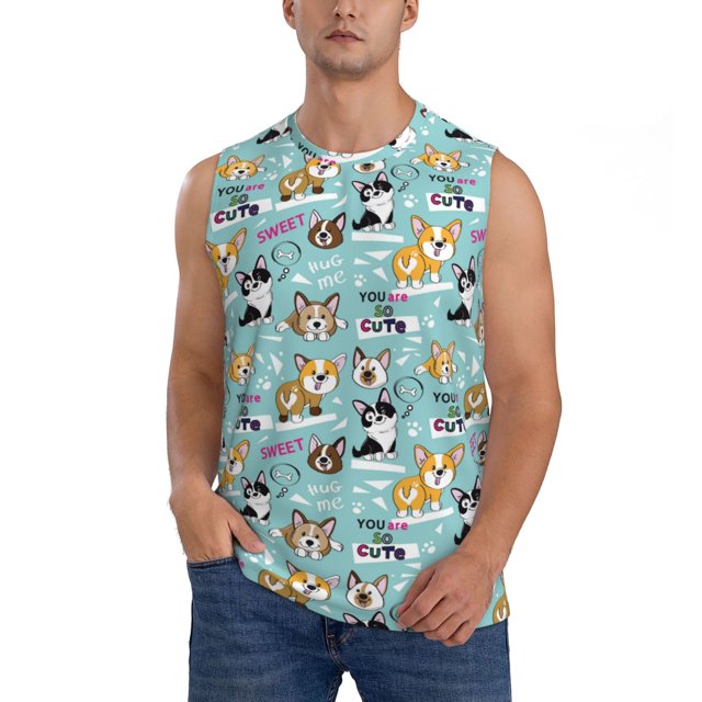 Lsque Dogs Print Men's Cotton Blend Sleeveless Muscle Shirts (S-3XL)- Moisture Wicking, Odor Protection, UPF 30+-X-Large