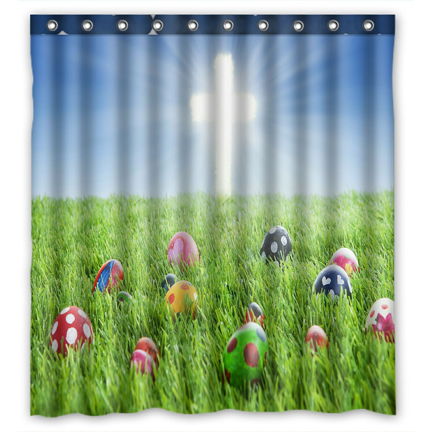 Green Grass Colorful Easter Eggs Bright Cross Fabric Shower Curtain Set 72x72" 