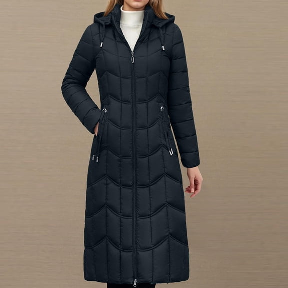 Womens Long Puffer Jackets Casual Quilted Long Sleeve Coat Trendy Winter Warm Padded Vintage Hooded Parka Coats (M, Black)