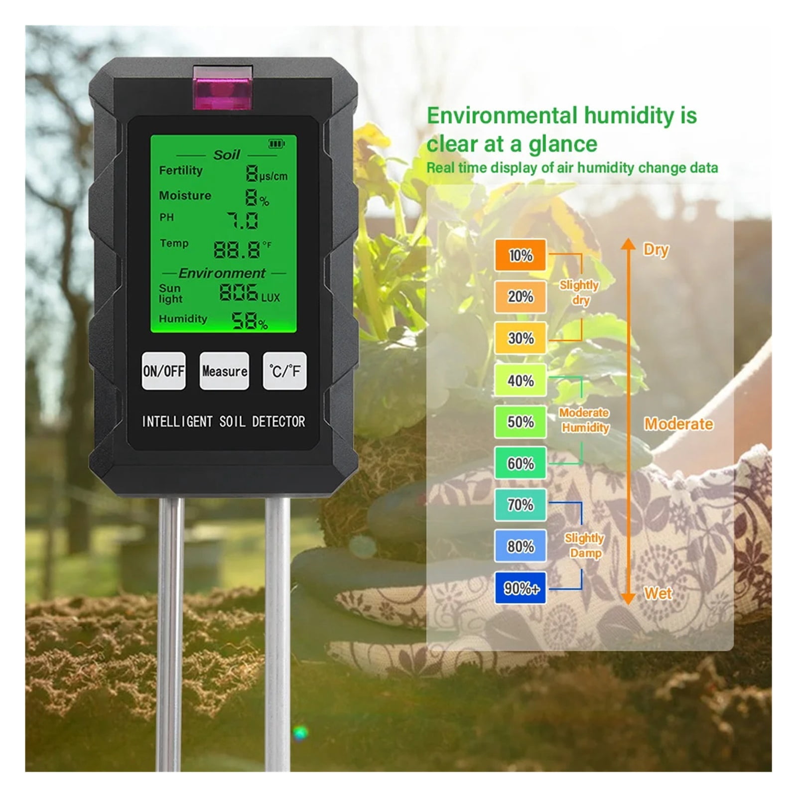 Digital 6 in 1 Soil PH Meter Fertility Soil Moisture Sunlight Ambient Humidity Temp Tester Monitor Detector Garden Soli Analyzer