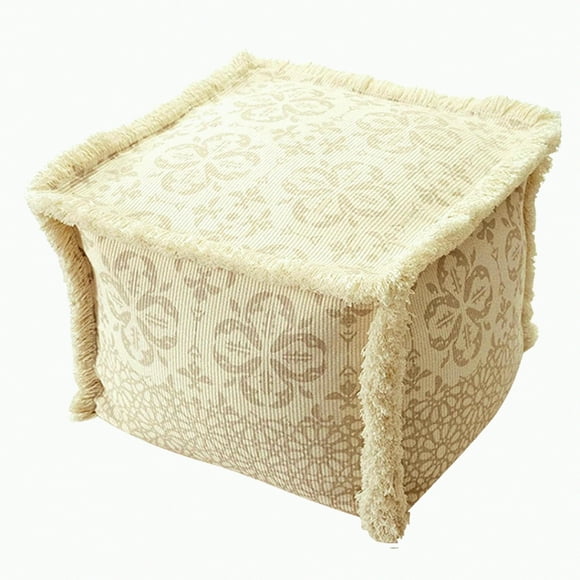 Boho Chic Square Pouf Cover - Stylish Home Decor Ottoman Chair Cover - White 40x40x30cm - Unstuffed Pouf Slipcover