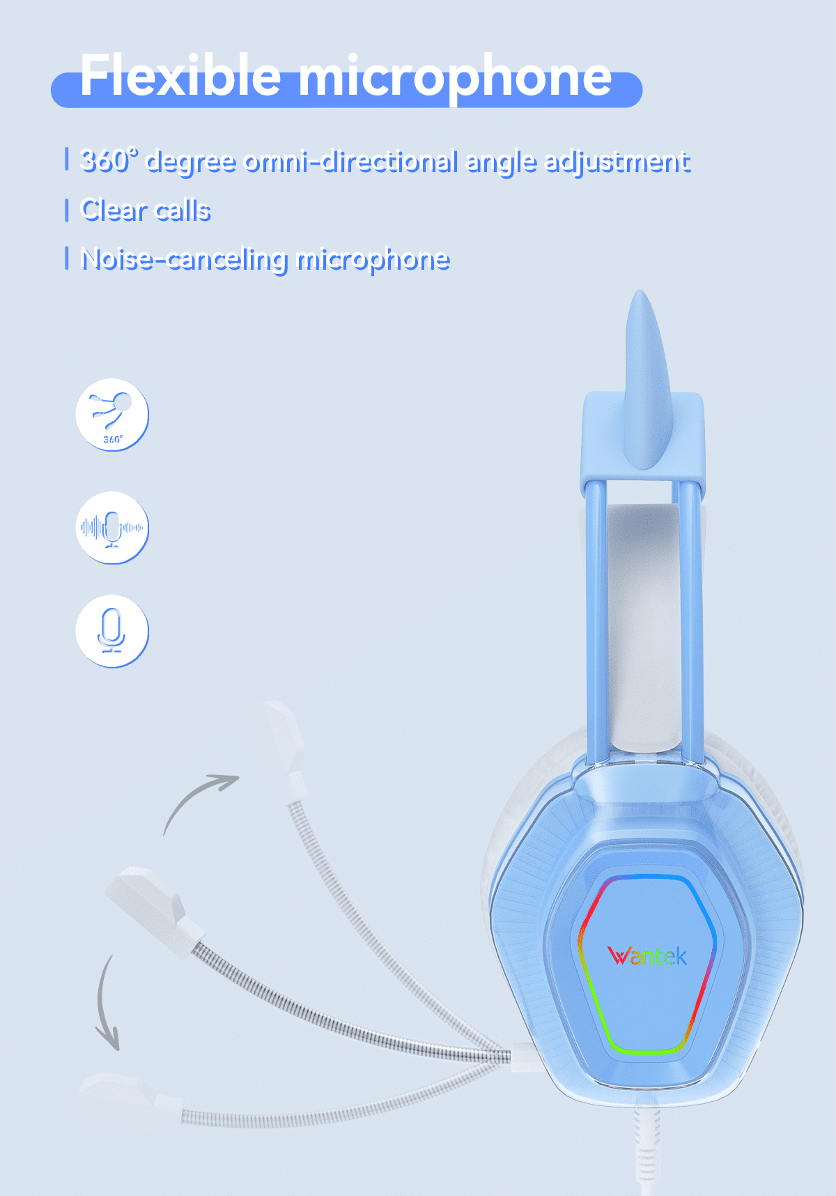 Wantek V10 Cat Ear Style Gaming Headset with comfortable fit and vibrant RGB lighting, Hi-Fi Sound - Blue