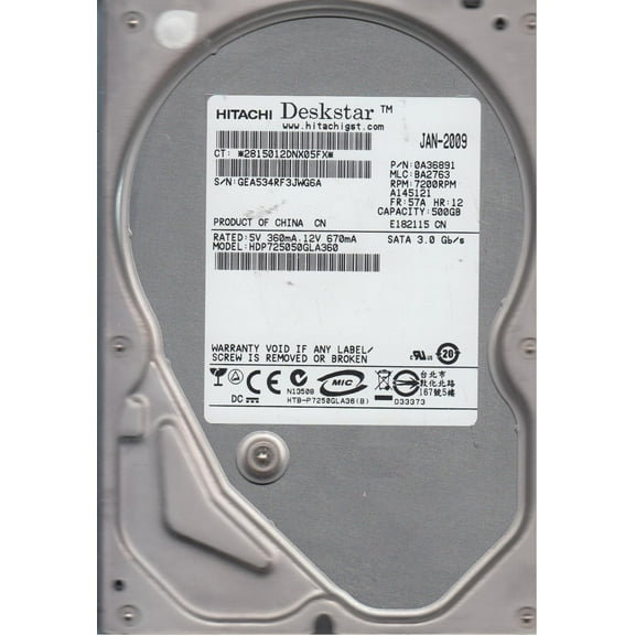 HDP725050GLA360, PN 0A36891, MLC BA2763, Hitachi 500GB SATA 3.5 Hard Drive