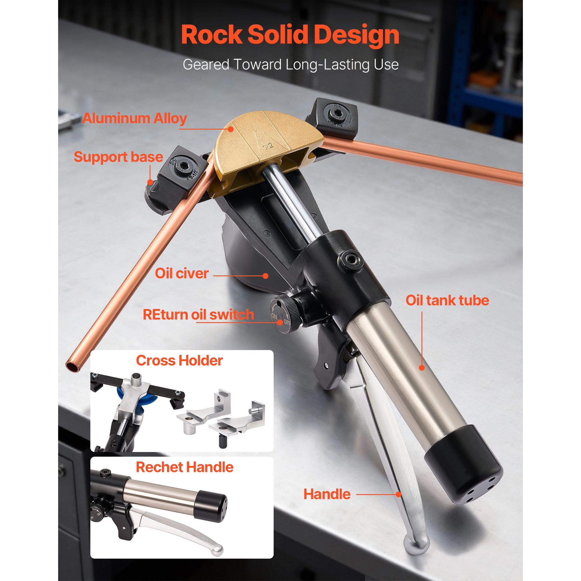 KFFKFF Hydraulic Tubing Bender Kit, 1/4 to 7/8 Inch, Copper Pipe Bending Tool, Forward/Reverse Operation, Includes 7 Aluminum Alloy Dies, Suitable for HVAC, Refrigeration, and Auto Maintenance