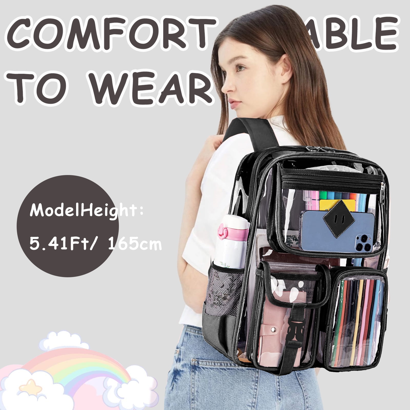 Sanmadrola Large Clear Backpack Heavy Duty Stadium Approved See Through Backpack Waterproof PVC Transparent Backpacks Clear Book Bag with Reinforced Strap for School Work Travel Festival, Black
