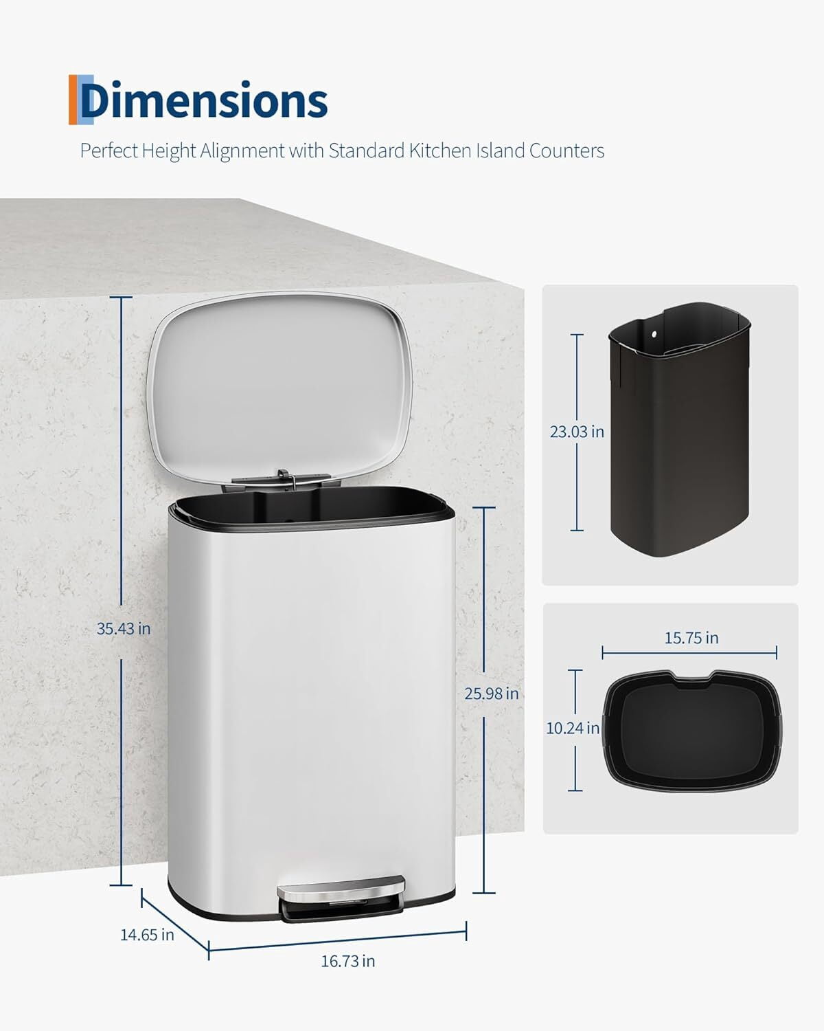 EuKer 13 Gal Stainless Steel Trash Can with Removable Inner Bucket for Kitchen, Bathroom, White