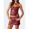 thumbnail image 5 of Musuos Women's Summer 2Pcs Leather Outfits Sleeveless Strapless Front Zipper Tube Tops + Mini Bodycon Skirt Set Streetwear, 5 of 8