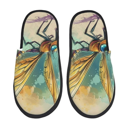 Balery Cartoon Dragonfly Art Slient Indoor Furry Fleece Comfort House Shoes Soft Non-Slip Home Shoes Cotton slippers House Slippers-- Medium