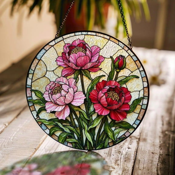 Peony Stained Glass Suncatcher Floral Window Decor Gift for Mom