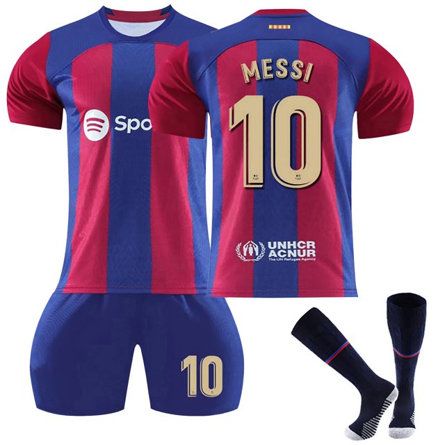 GZSL 2324 Barcelona Home Football Training Kit, Number # 10 Soccer Jersey, Colorful Short-Sleeve Adult Football Jersey with Gold Lettering Three-Piece Set/L