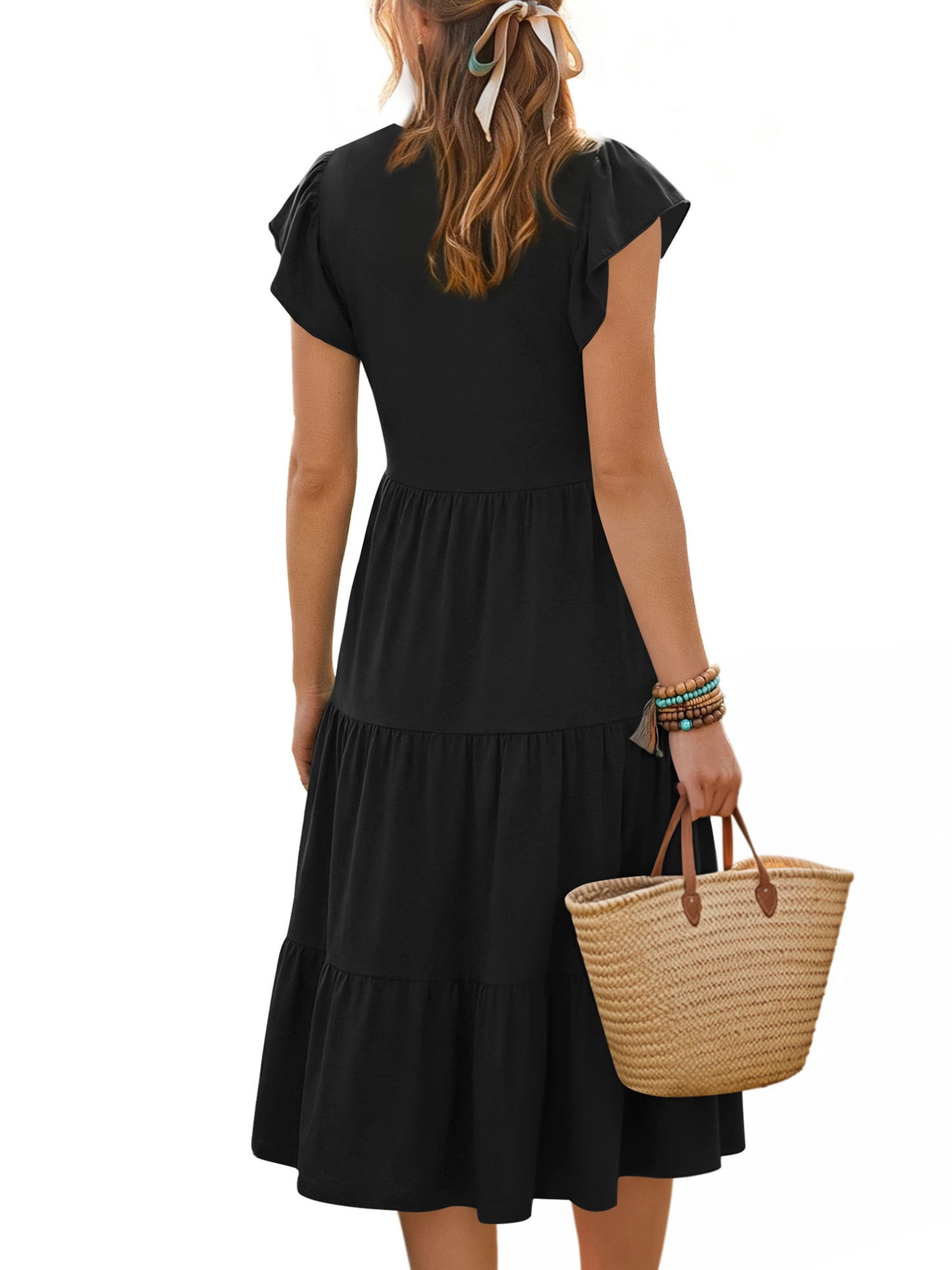 UVN Summer Dresses for Women Ruffle Sleeve V Neck Midi Dress Casual Beach Sundress with Pockets