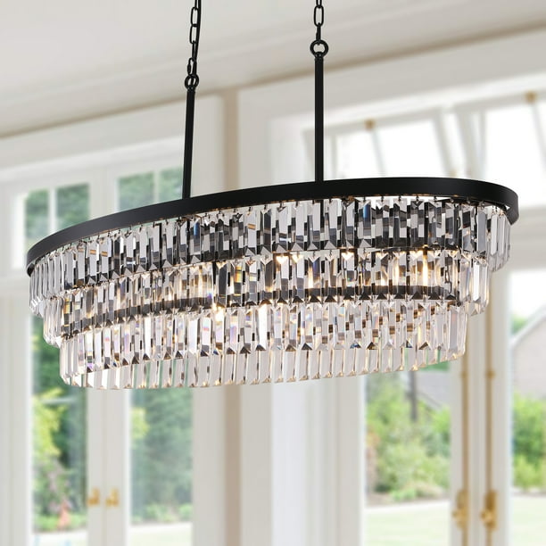 Tochic Chandelier 40 inch,Farmhouse Black Crystal Chandelier, Kitchen