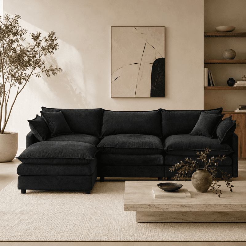 105" Modular Sectional Couch, 3-Seater Soft Chenille L-Shaped Sofa with Ottoman, Upholstery Sofa Couch with Pocket Coil & High-Density Foam for Living Room