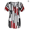 thumbnail image 1 of T-shirt Femme Col en V Rayé Haut Manches Courtes Fermeture Éclair Blouse Ajustée, Rouge, P, 1 of 5