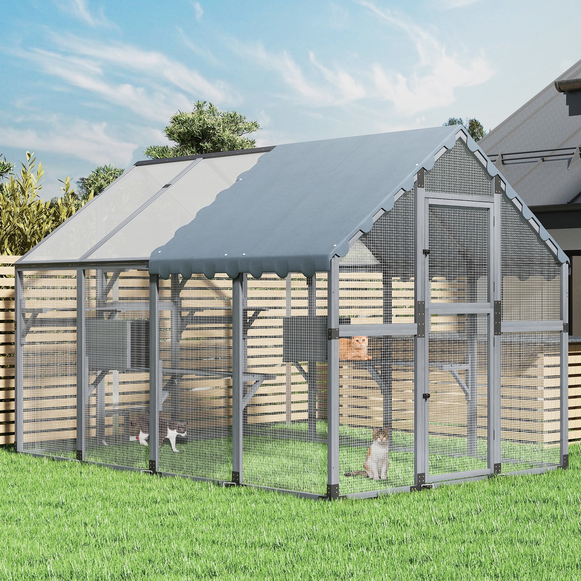 COZIWOW 108'' Super-Large Cat Catio Outdoor Wooden Cat Enclosure with Platforms, Condos, Bridges, Walk-in Door