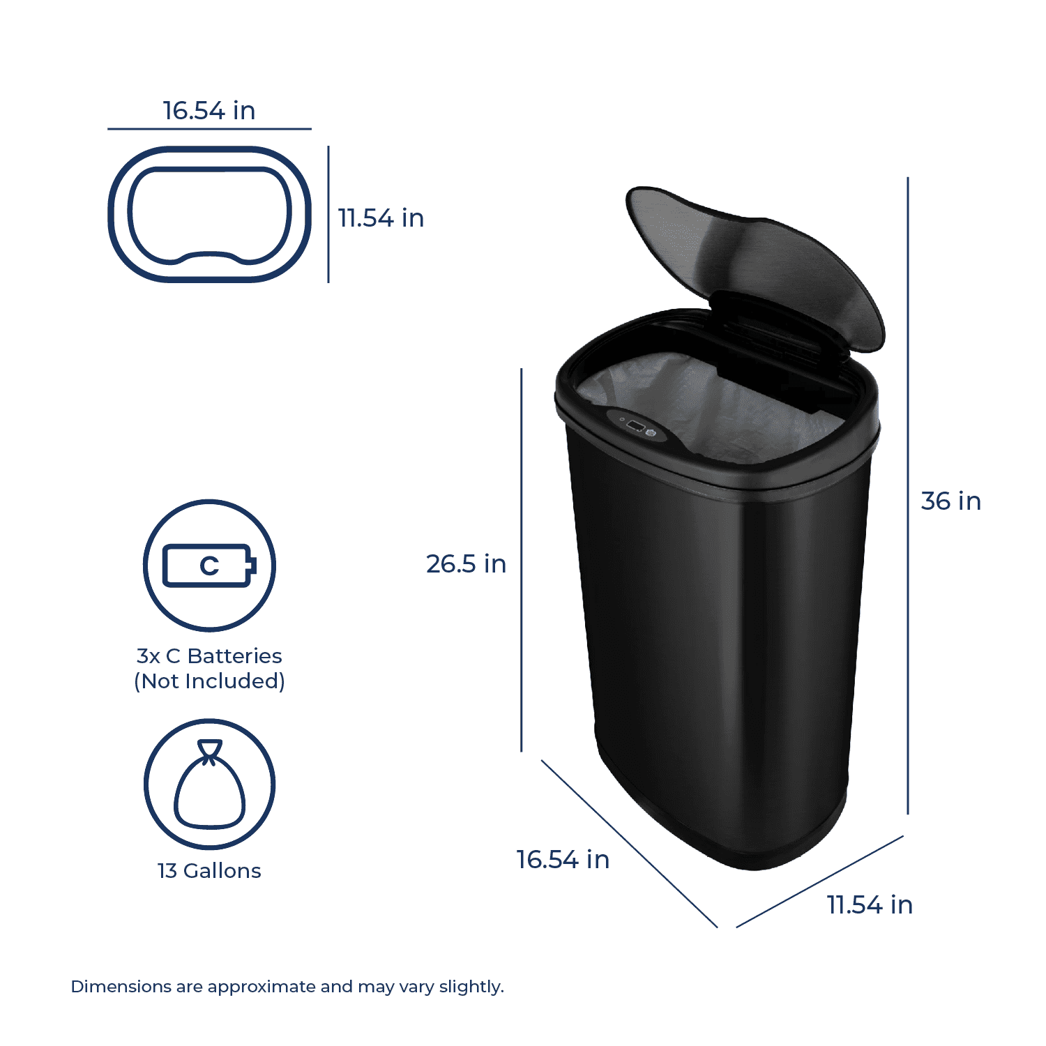 Nine Stars Automatic Kitchen Trash Can, 13.2 Gallon Stainless Steel, Motion Sensor Soft Close Lid Garbage Bin, Black