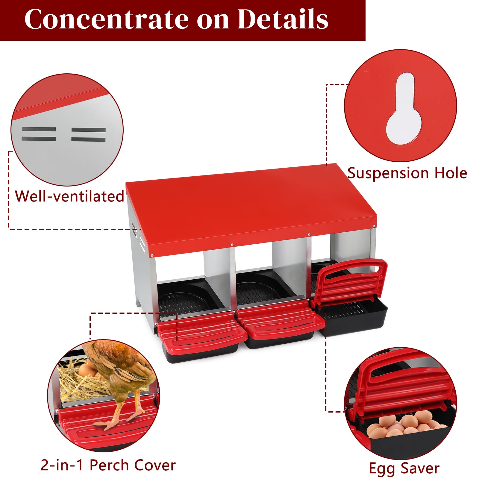 3 Compartment Poultry Chicken Nesting Box, Weather Resistant Steel Plastic Hen Laying Nest with Sloped Ventilated Bottom, Private Egg Laying Habitat for Chickens Ducks