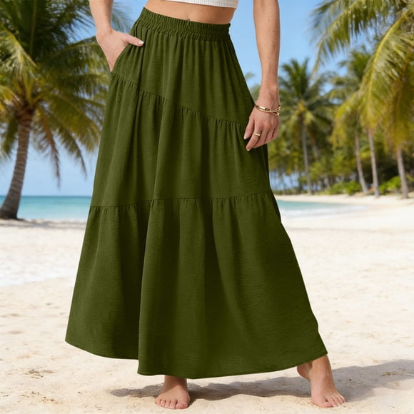 TaTaai Women's Summer Solid Color Casual Asymmetrical Long Skirt Elastic Waist Flowy Half Skirt with Pockets Gift