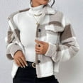 thumbnail image 2 of Nokdvo Womens Fleece Jacket Long Sleeve Button Down Cropped Coat Plaid Lapel Shaggy Jackets Casual Warm Winter Fuzzy Teddy Outerwear with Pockets Khaki M, 2 of 6