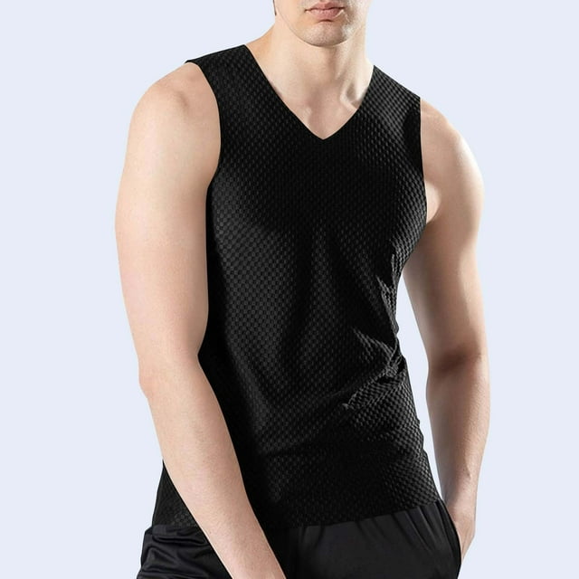 pstuiky Camiseta sin mangas para hombre, Camiseta deportiva informal de color liso para hombre, holgada, sin costuras, elástica, con cuello redondo Camisas de hombre xxxl
