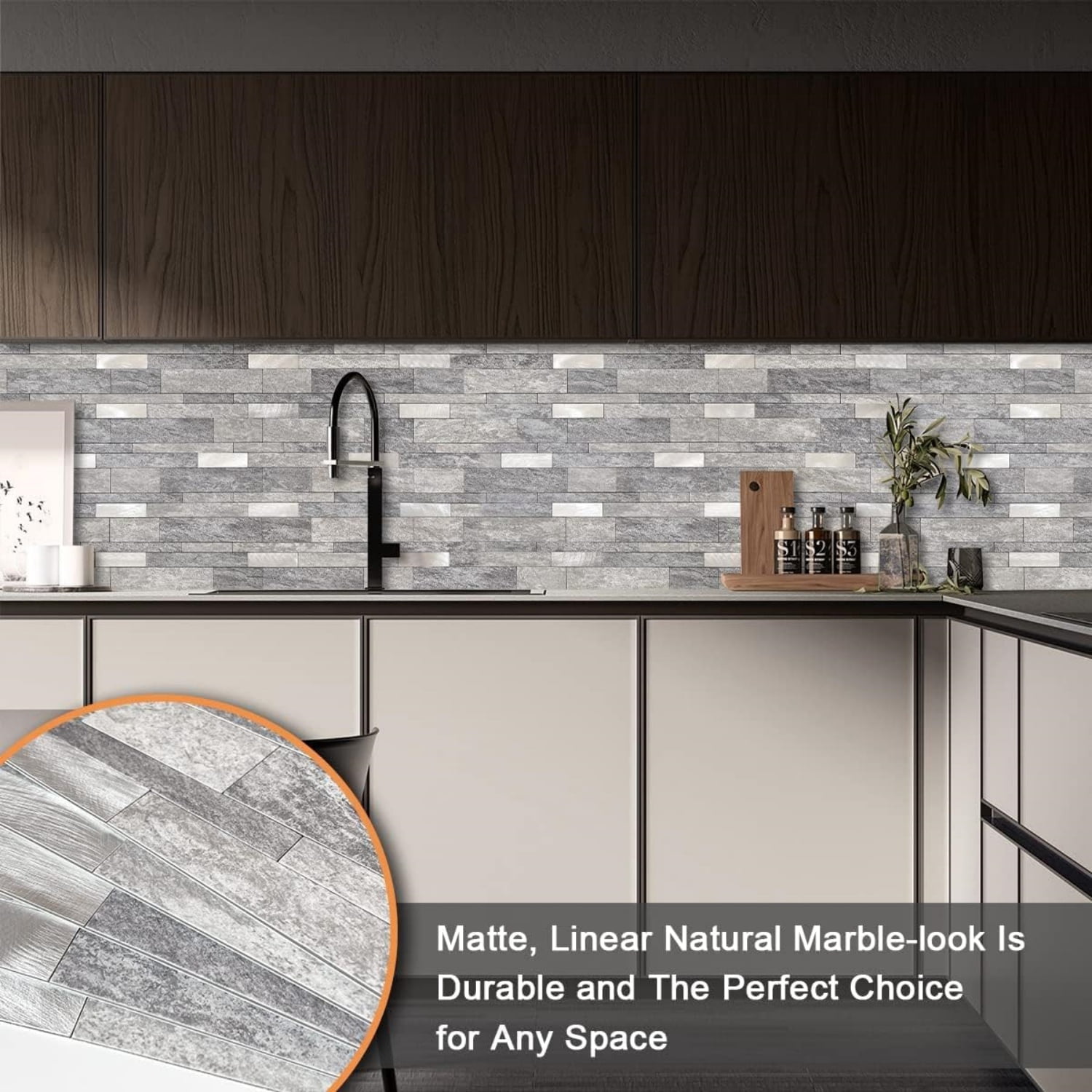 Backsplash Tile Peel and Stick Kitchen Stone Subway Linear Mosaic Bathroom Shower Wall Waterproof(10pcs,Gray)