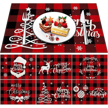 

JOOCAR Christmas Placemats 18x12 Inch Christmas Decorations Red Black Buffalo Plaid Santa Claus Christmas Tree Deer Snowflake Placemats for Home Table Holiday Decor Rectangular Placemats Set of 6