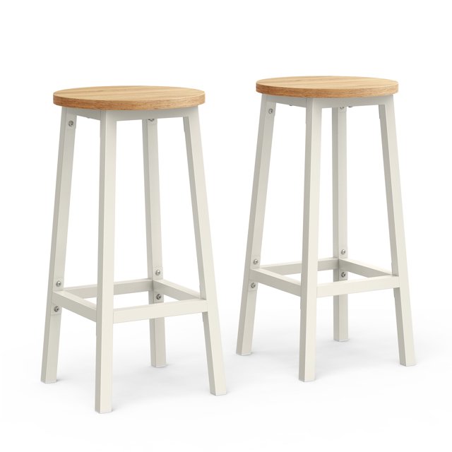 VASAGLE Taburete de bar, Juego de 2, Sillas de Bar, Sillas de Cocina con Estructura de Metal, Fácil Montaje, con Reposapiés, para Cocina, Salón, Comedor, Beige Roble y Blanco Clásico