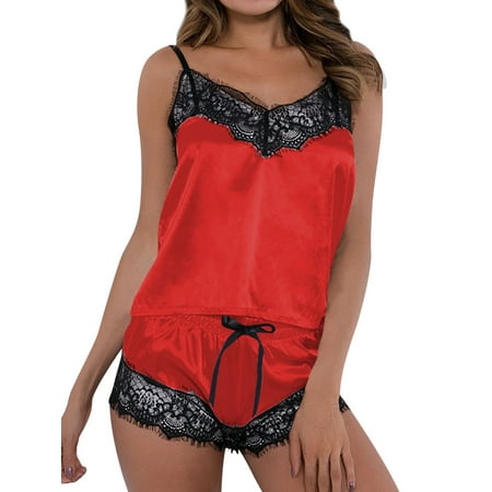 

HUBERY Women Lace Stitching V Neck Sleeveless Solid Color Sleepwear Set