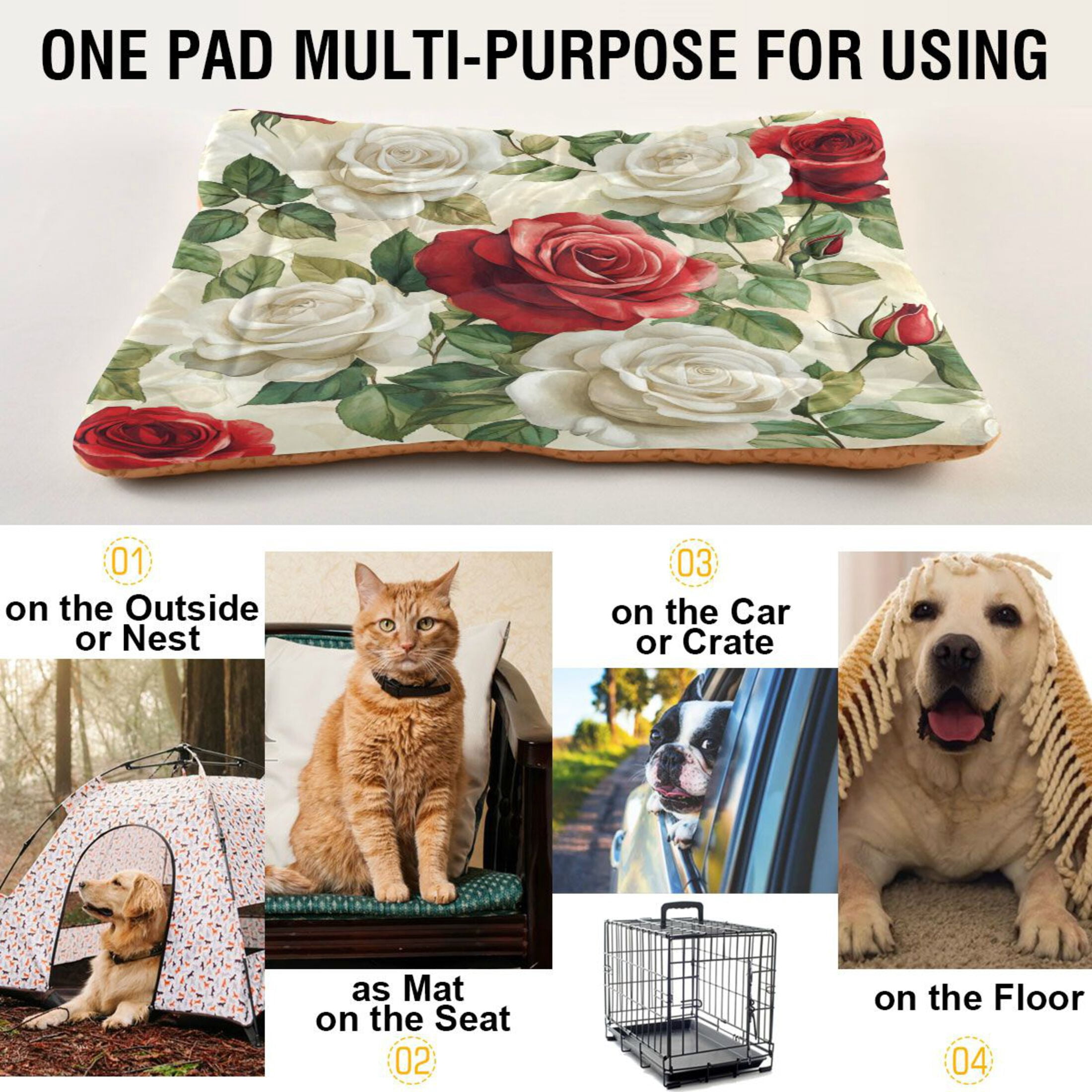 Qxltty Red White Rose Pattern Ped Pad Wear-resistant and Hard to Bite Through Sleeping Pad for Small Medium Large Dogs Winter Pet Bed 36×24in