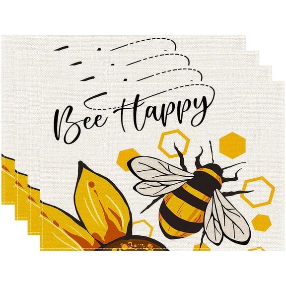 Bee Happy Placemats Set of 4 Cute Bee Place Mats for Dining Table Heat Resistant Indoor Outdoor Table Mat for Kitchen Restaurant Party Decor