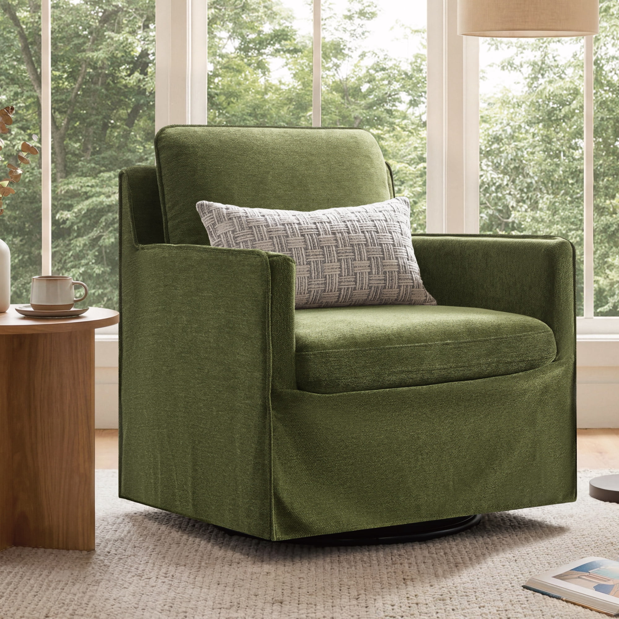 Spruce & Spring Upholstered Swivel Glider Accent Chair for Living Room, Nursery and Bedroom, Reversible Cushions, Track Arms, Modern Lounge Chair, Green