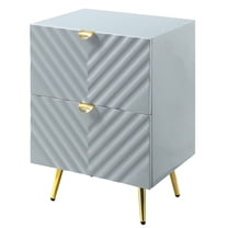 JERFIT Modern Glam Nightstand with 2 Drawers, High Gloss Grey Finish, Wave Pattern Design, Gold Metal Legs for Bedroom