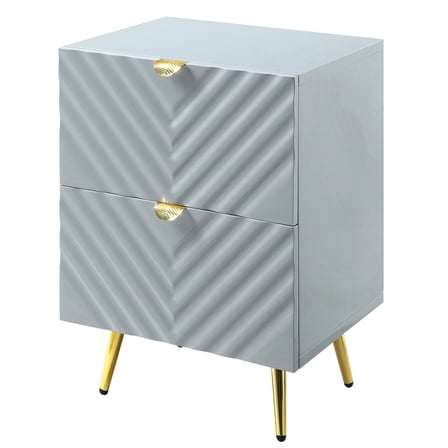 JERFIT Modern Glam Nightstand with 2 Drawers, High Gloss Grey Finish, Wave Pattern Design, Gold Metal Legs for Bedroom