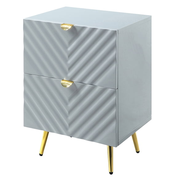JERFIT Modern Glam Nightstand with 2 Drawers, High Gloss Grey Finish, Wave Pattern Design, Gold Metal Legs for Bedroom