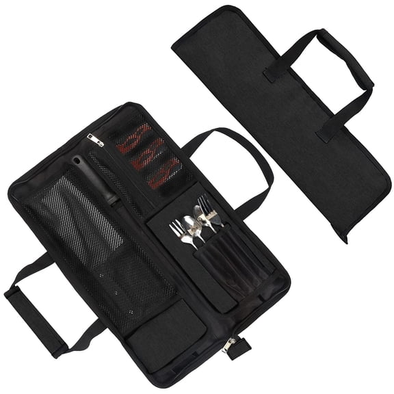 RUIFUU Chef's Knife Roll Bag, Black Heavy Duty Oxford Portable Knife Case, 13-Slot Cutlery Pouch and Tool Wrap Organizer for Chefs