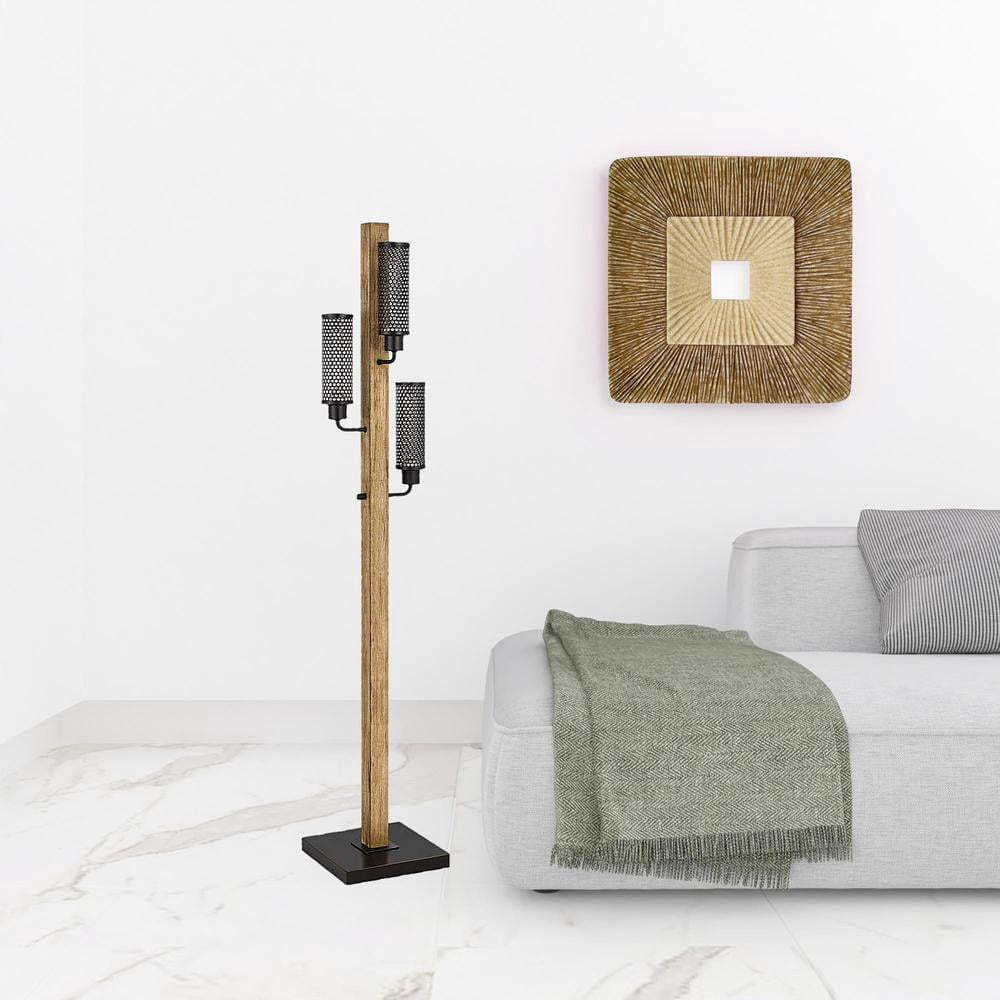 HomeRoots 526293 61 in. Brown Three Light Traditional Shaped Floor Lamp with Black Novelty Shade