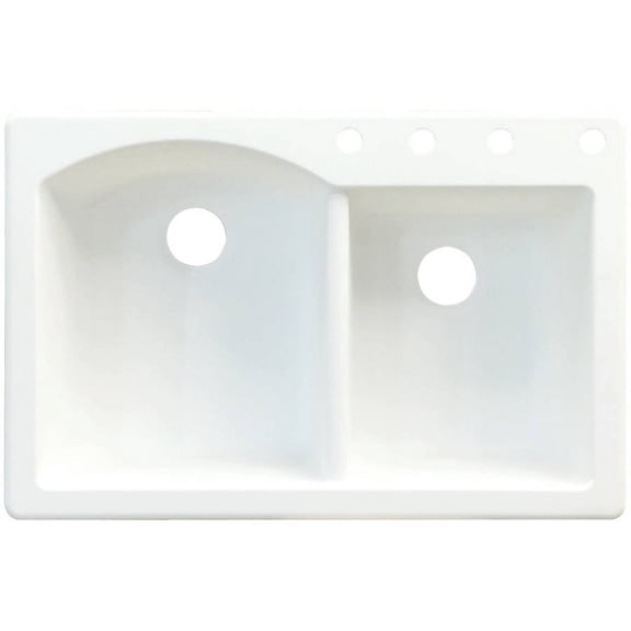 Transolid Aversa 33in x 22in silQ Granite Drop-in Double Bowl Kitchen Sink with 4 BCDE Faucet Holes, In White