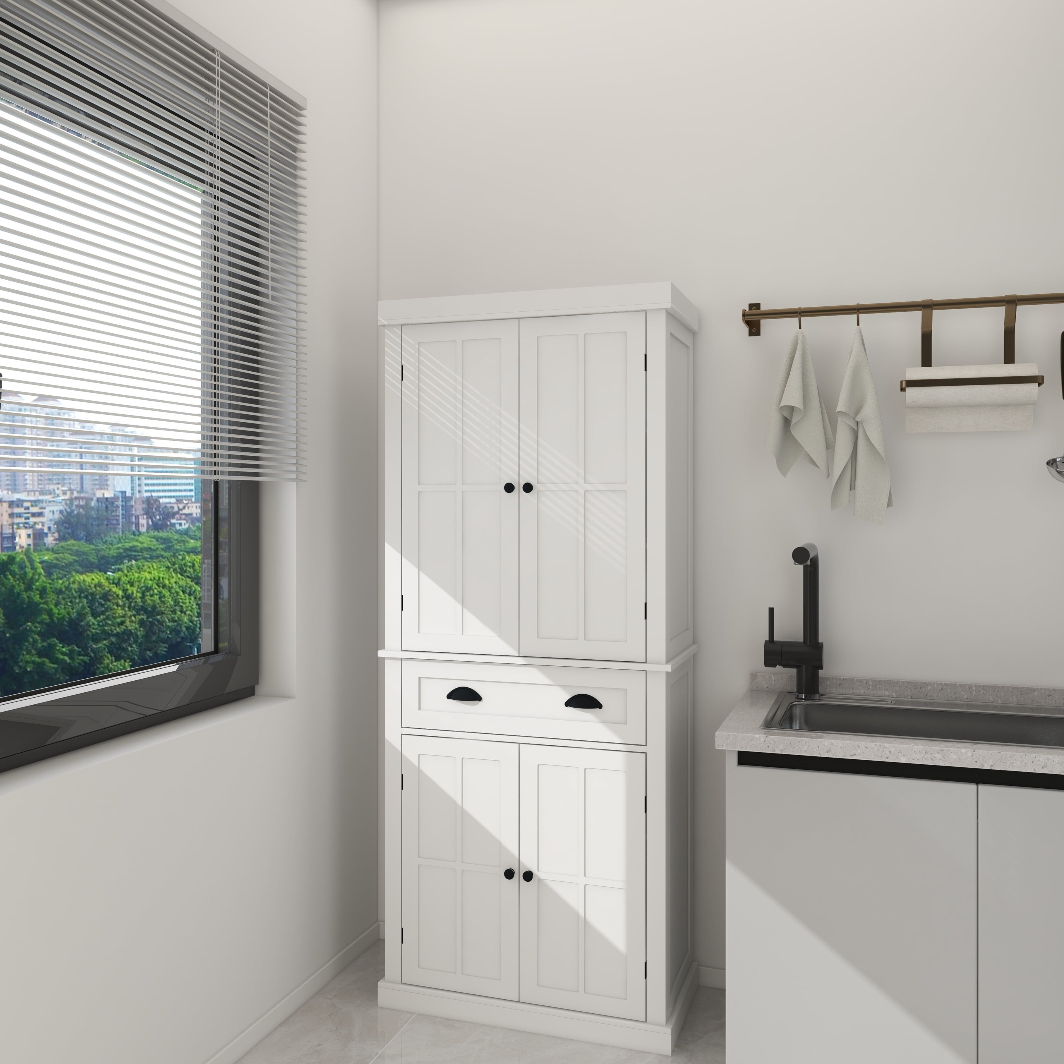 CoSoTower 71" Kitchen Pantry Storage Cabinet , with 4 Doors, Drawer, 2 Adjustable Shelves, Freestanding Cupboard for Dining Room Living Room, Laundry-White