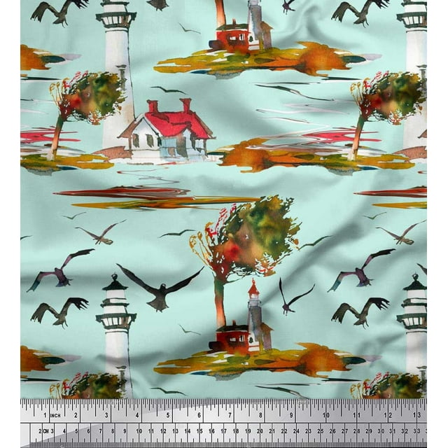 Soimoi polyester Crepe Fabric Lighthouse,Bird & Tree Nature Fabric Prints By Yard 52 Inch Wide
