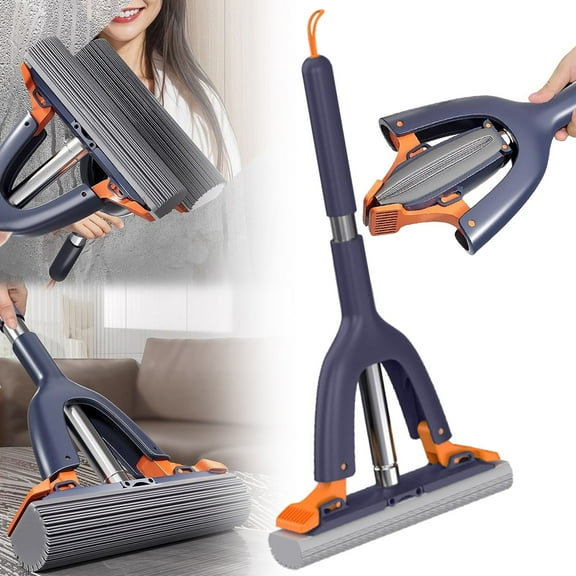 Heavy Duty Sponge Mop with Roller Wringer and Built-in Scrub Brush, Adjustable Handle for Tile Wood Laminate Floors Cleaning