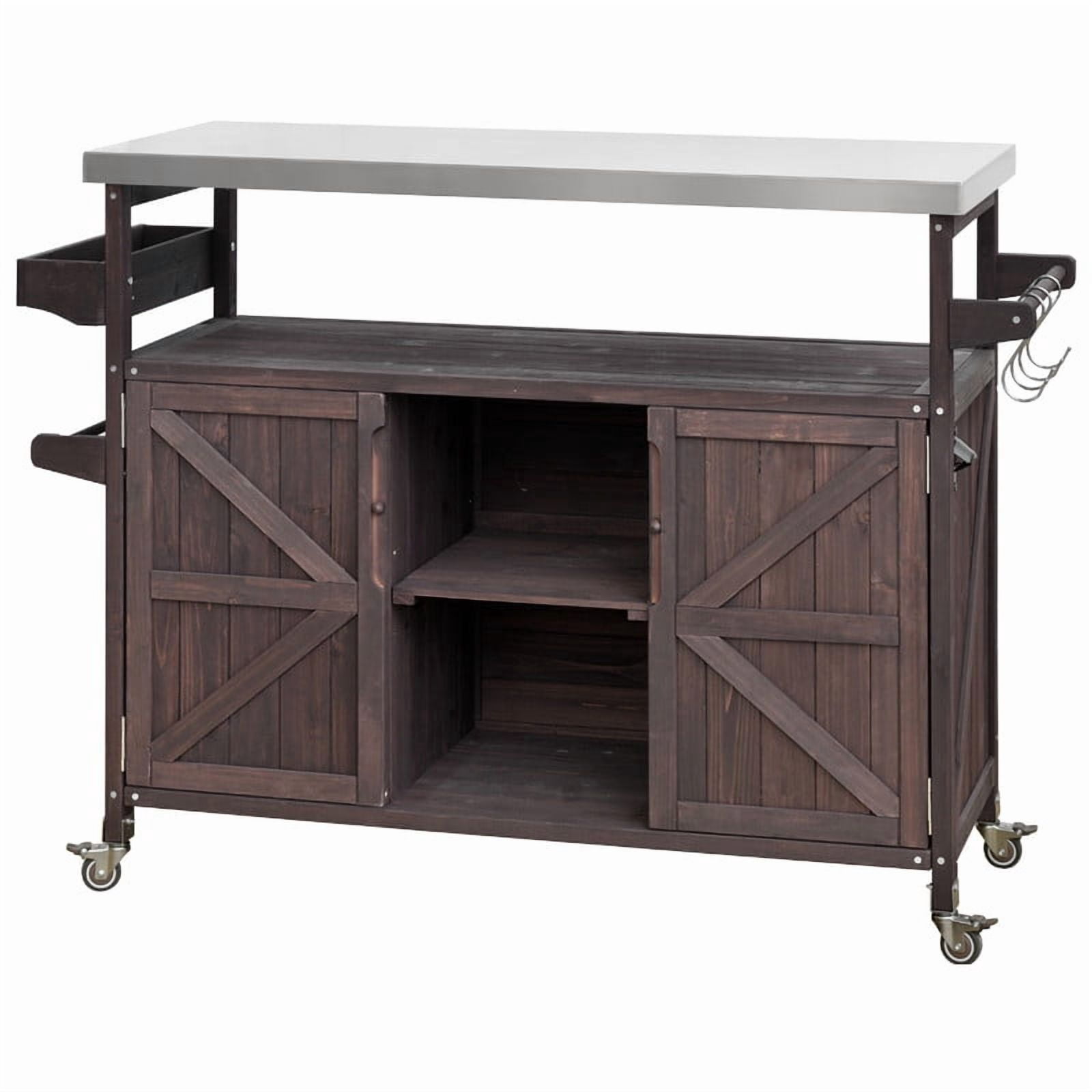 Outdoor Kitchen Island with Stainless Steel Top, Wood Grill Cart Storage Cabinet with Adjustable Shelf, Outdoor Grill Table with Spice Rack & Towel Rack