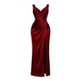 thumbnail image 3 of BRGZLK Formal Dresses for Women Satin V Neck Sleeveless Cocktail Wedding Guest Maxi Dress Pleated High Waist Wrap Split Evening Gowns Wine L, 3 of 10