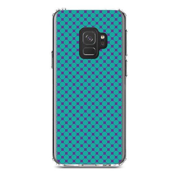 DistinctInk Clear Shockproof Hybrid Case for Samsung Galaxy S9 (5.8" Screen) - TPU Bumper, Acrylic Back, Tempered Glass Screen Protector - Teal Purple Checkered Pattern - Geometric Checkered Pattern