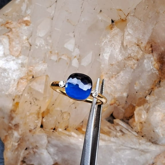 Blue Sapphire Gemstone With Moissanite 925 sterling Silver Ring For Women