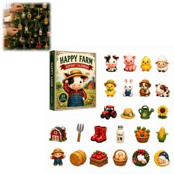 Happy Farm Advent Calendar , 24 Pcs 2D Flat Acrylic Farm Animal Hanging Ornaments Countdown Blind Box, Farmhouse Christmas Tree Decor Gift