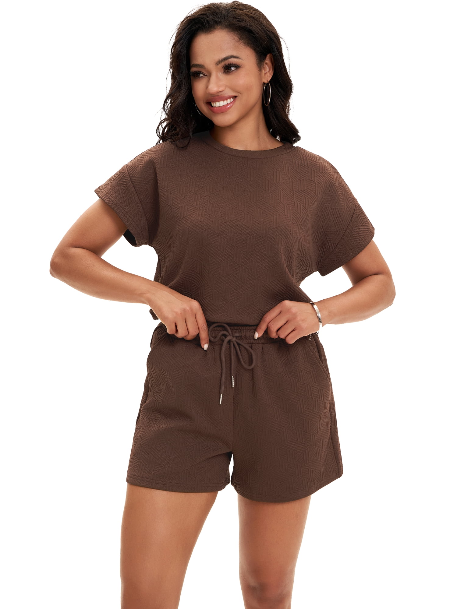 DARING DIVA Women's Summer 2 Pieces Outfits Short Sleeve Tops Shorts M Brown
