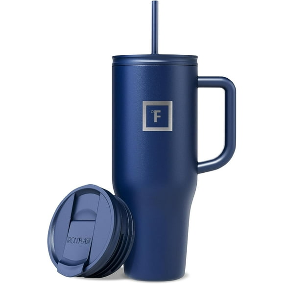 IRON °FLASK Co-Pilot Insulated Mug w/Straw & Flip Cap Lids - Cup Holder Bottle for Hot, Cold Drink - Leak-Proof - Water, Coffee Portable Travel Mug - Twilight Blue, 40 Oz