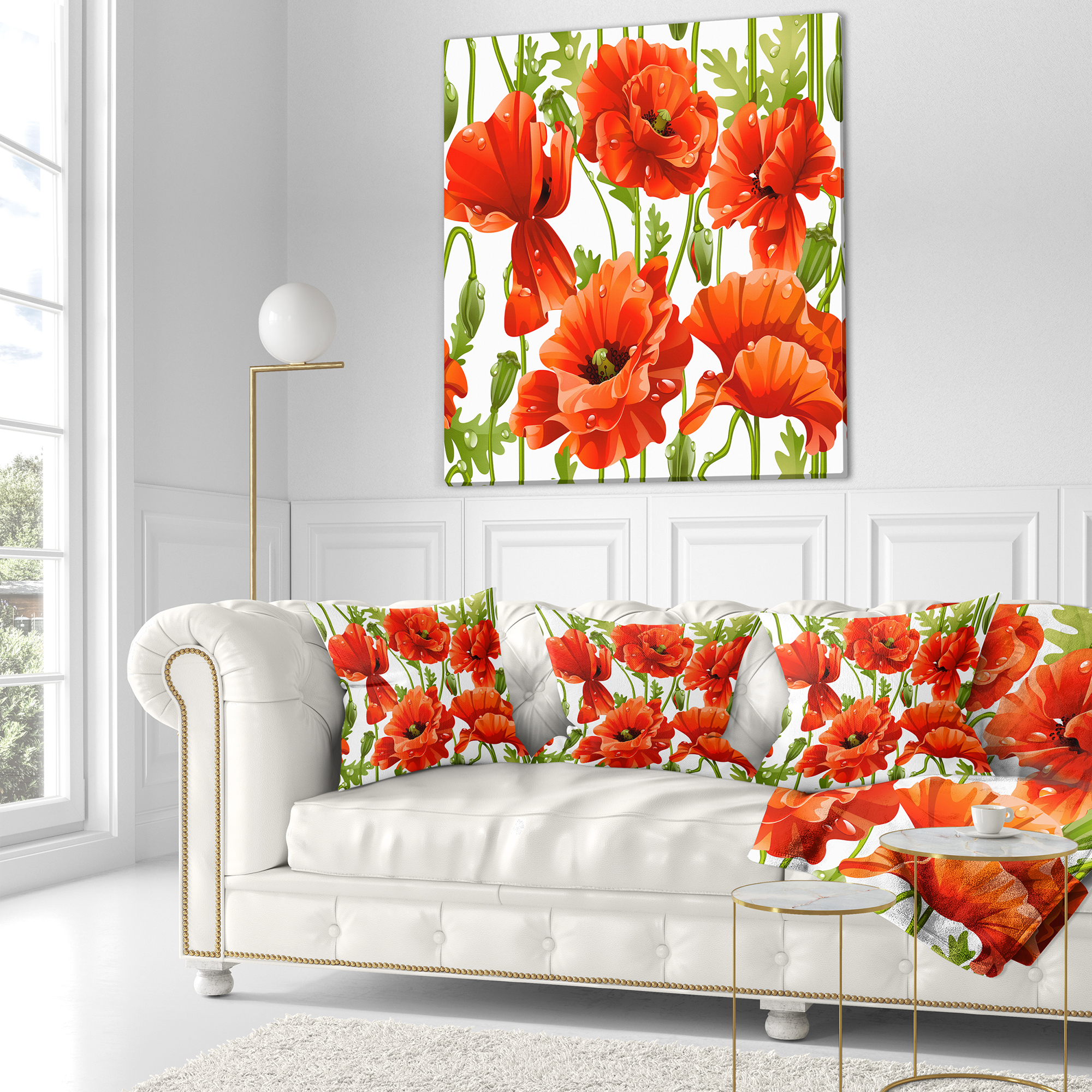 Designart Seamless Pattern of Red Poppies - Floral Throw Pillow - 16x16