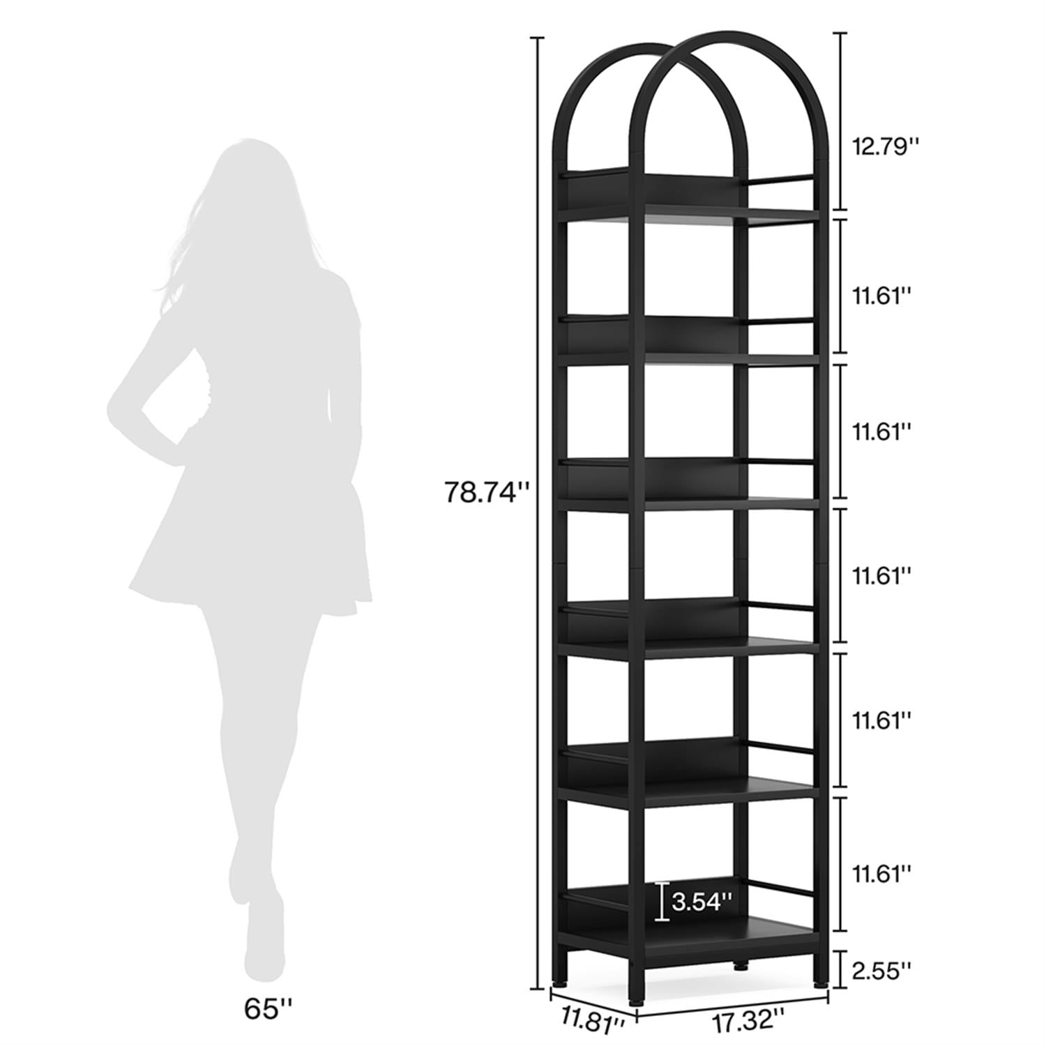 Demi Bonn 6 Tier Narrow Bookshelf, Wood and Metal Bookcase Storage Organizer, Arched Display Standing Shelf Unit for Bedroom, Living Room, Black