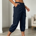thumbnail image 2 of Kvture Womens Cargo Capris Pants Elastic Waist Hiking Pants Summer Casual Holiday Pants with Pockets Dark Blue Pant L, 2 of 9